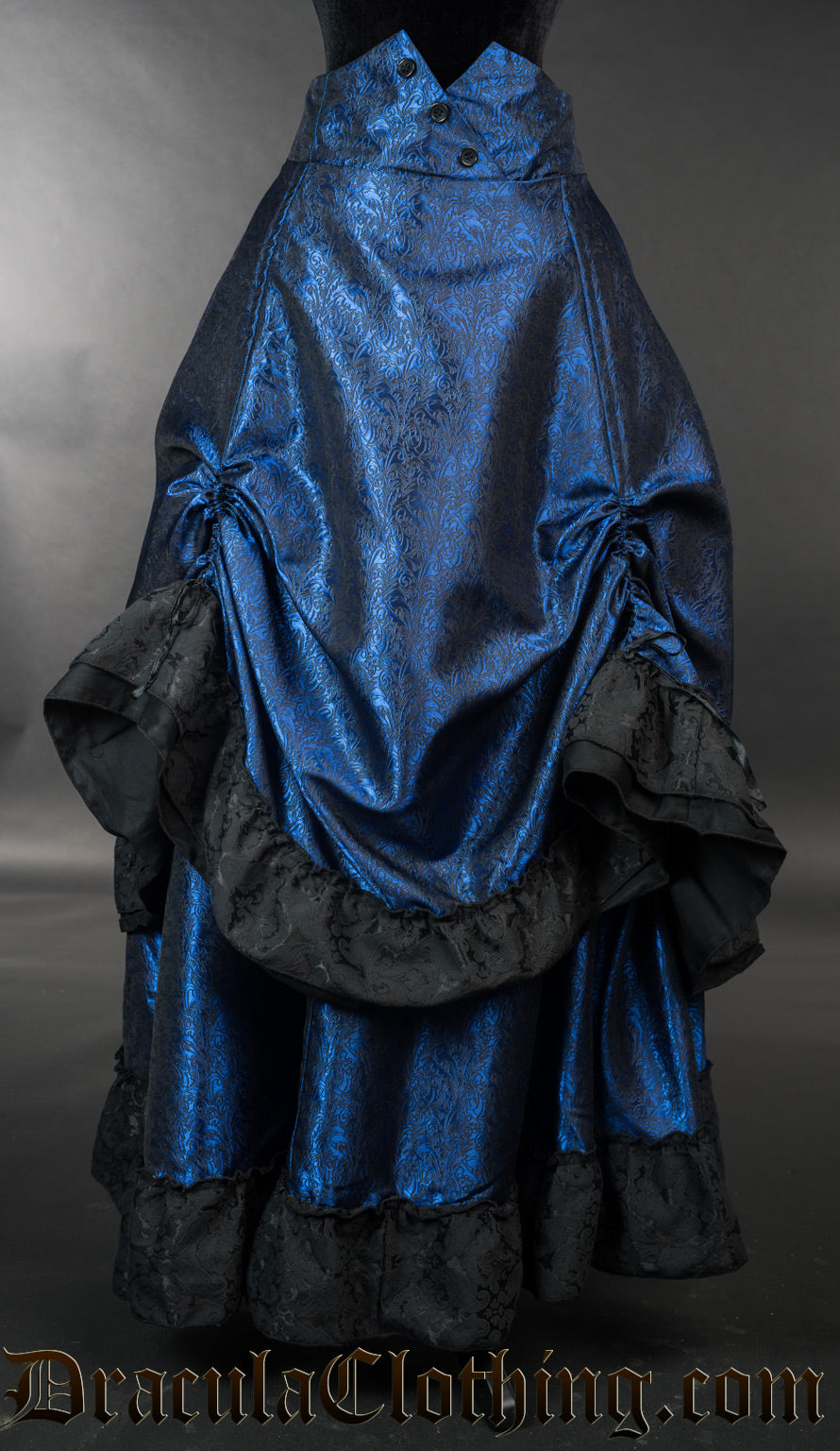 Blue bustle skirt for women shown with front layer of skirt raised