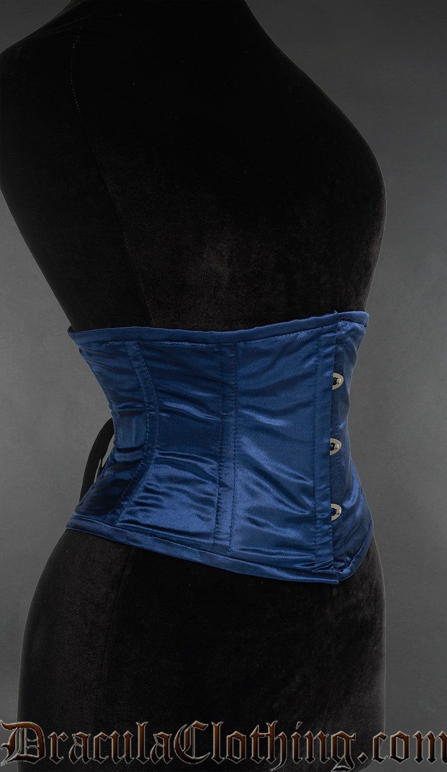 side view of blue satin women's waist cincher corset