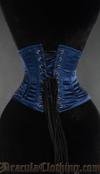 Back view of women's blue satin waist cincher showing adjustable lacing and matching modesty panel