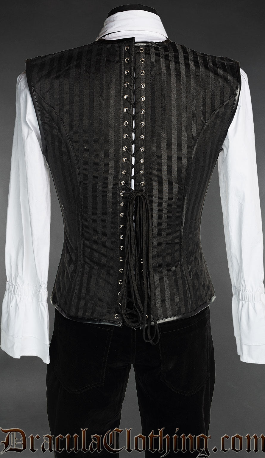 Back view of black and blue striped men's v-shaper corset vest showing adjustable lacing