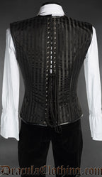Back view of black and blue striped men's v-shaper corset vest showing adjustable lacing