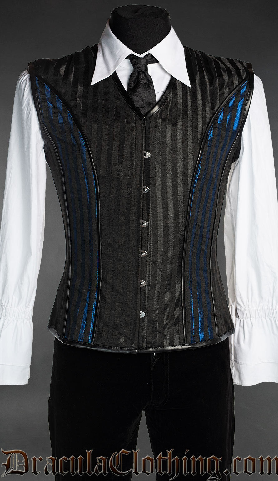 Men's black and blue striped v-shaper corset vest 