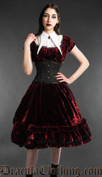 Bordeaux red velvet women's knee-length dress worn by model with waist cincher and white lapel collar