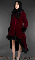Bordeaux Velvet High Low Puffer Winter Coat With Hood