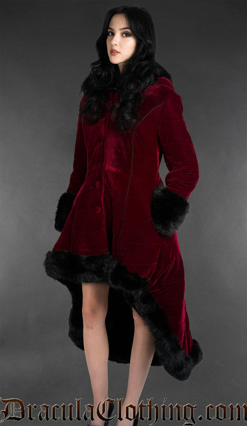 Bordeaux Velvet High Low Puffer Winter Coat With Hood