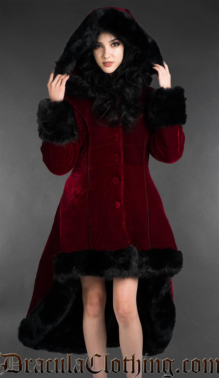 Bordeaux Velvet High Low Puffer Winter Coat With Hood