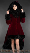 Bordeaux Velvet High Low Puffer Winter Coat With Hood