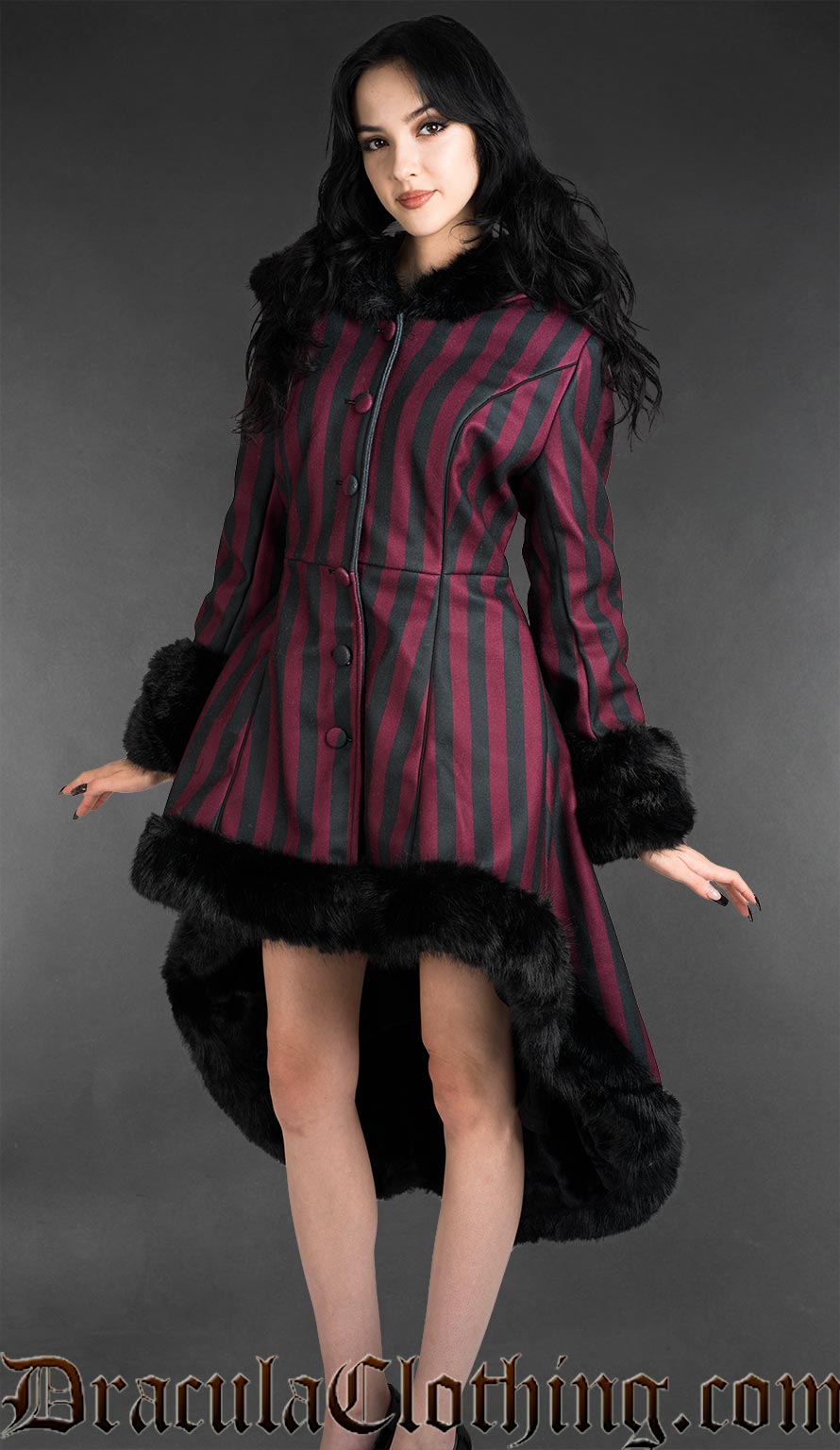 Bordeaux Striped High Low Winter Coat With Hood