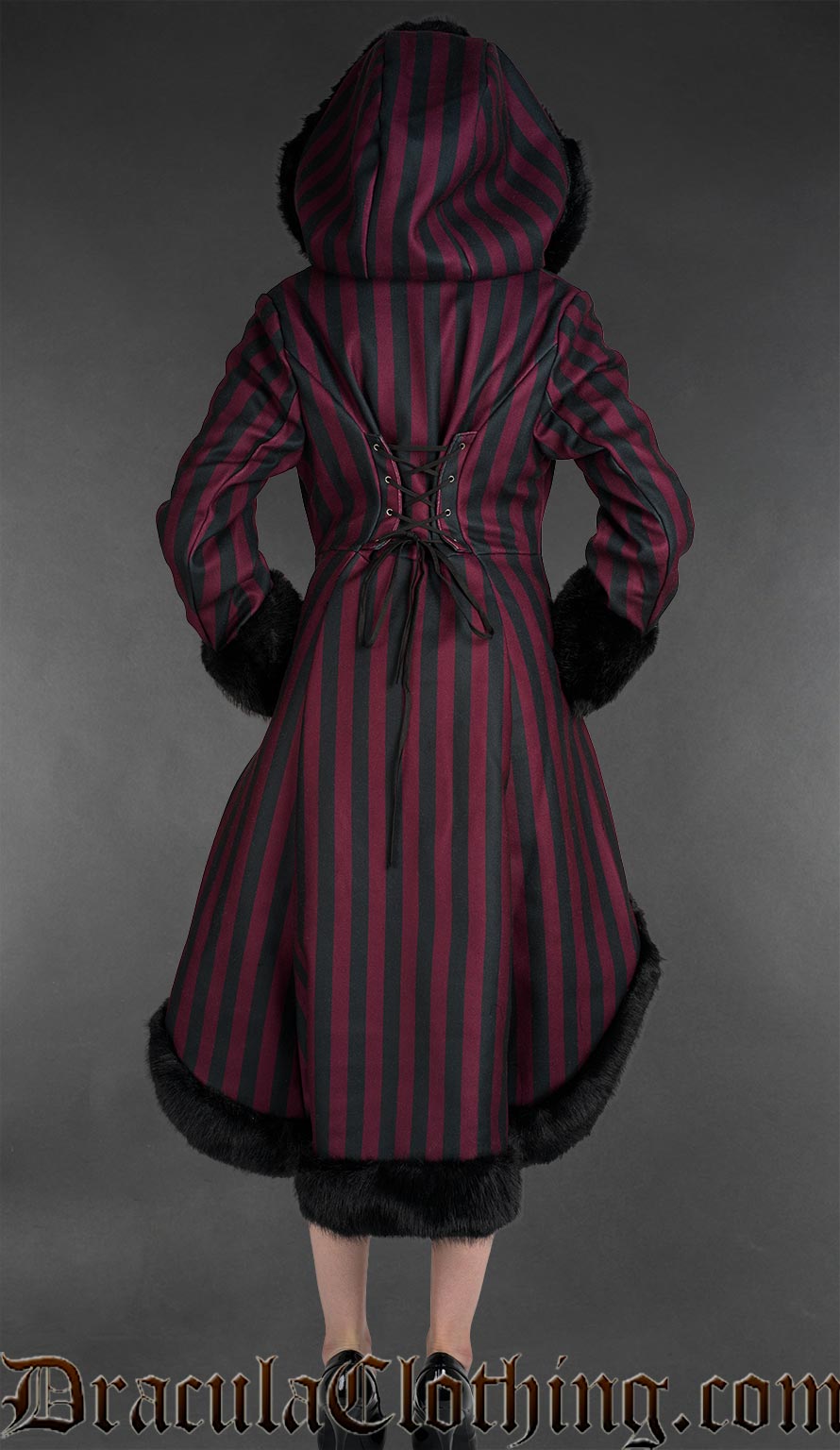 Bordeaux Striped High Low Winter Coat With Hood