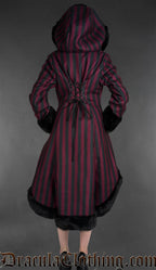 Bordeaux Striped High Low Winter Coat With Hood