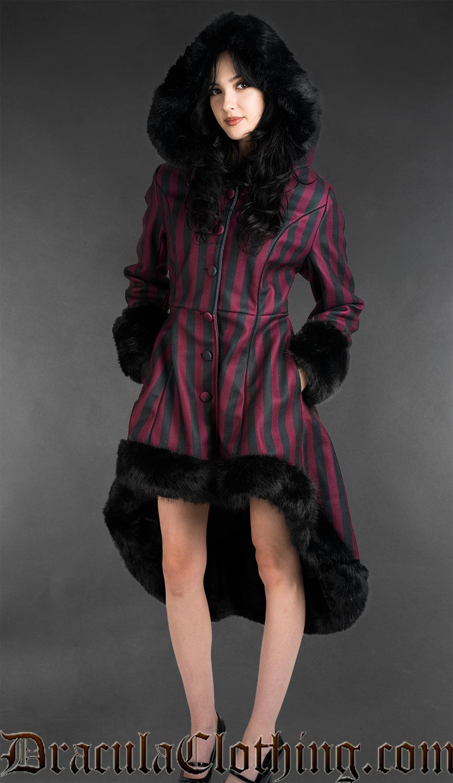 Bordeaux Striped High Low Winter Coat With Hood