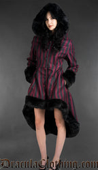 Bordeaux Striped High Low Winter Coat With Hood