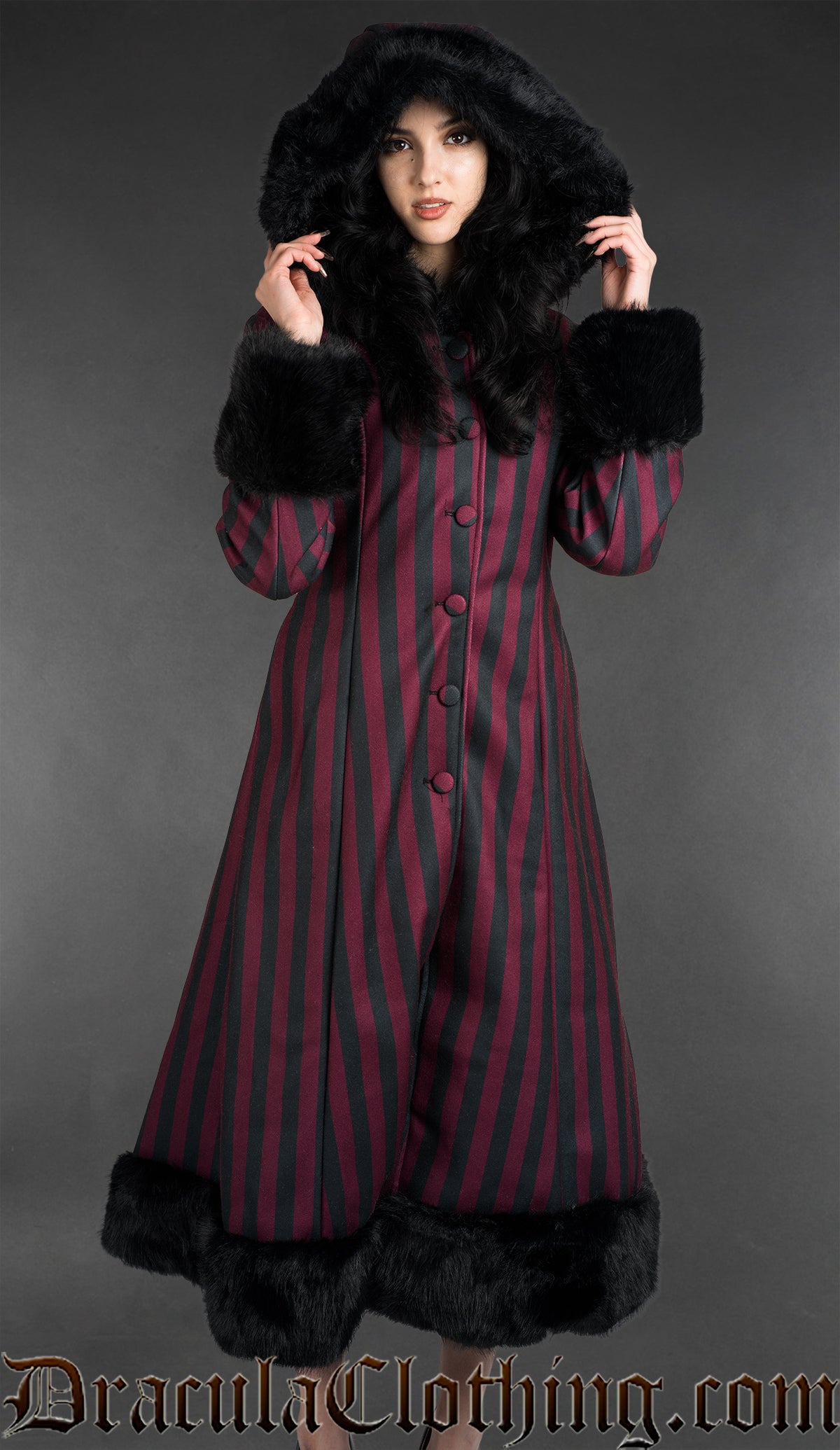 Bordeaux Striped Winter Coat With Hood