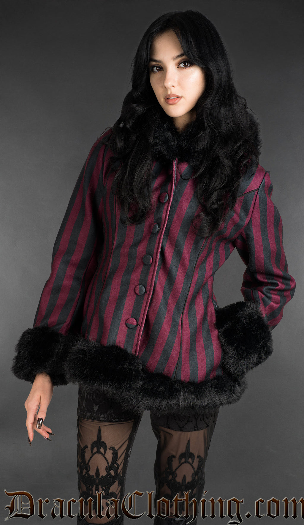 Bordeaux Striped Winter Jacket With Hood