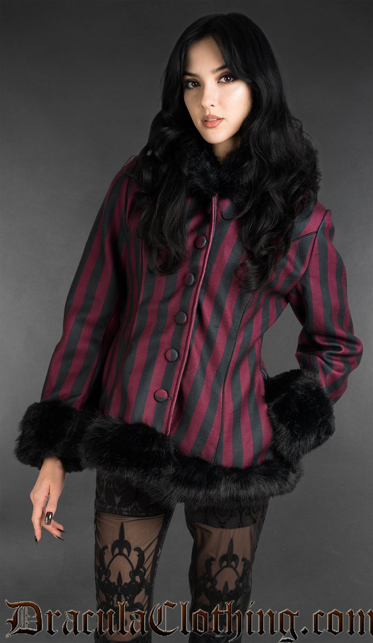 Bordeaux Striped Winter Jacket With Hood