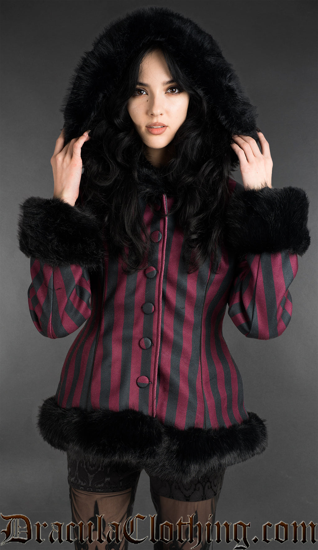 Bordeaux Striped Winter Jacket With Hood