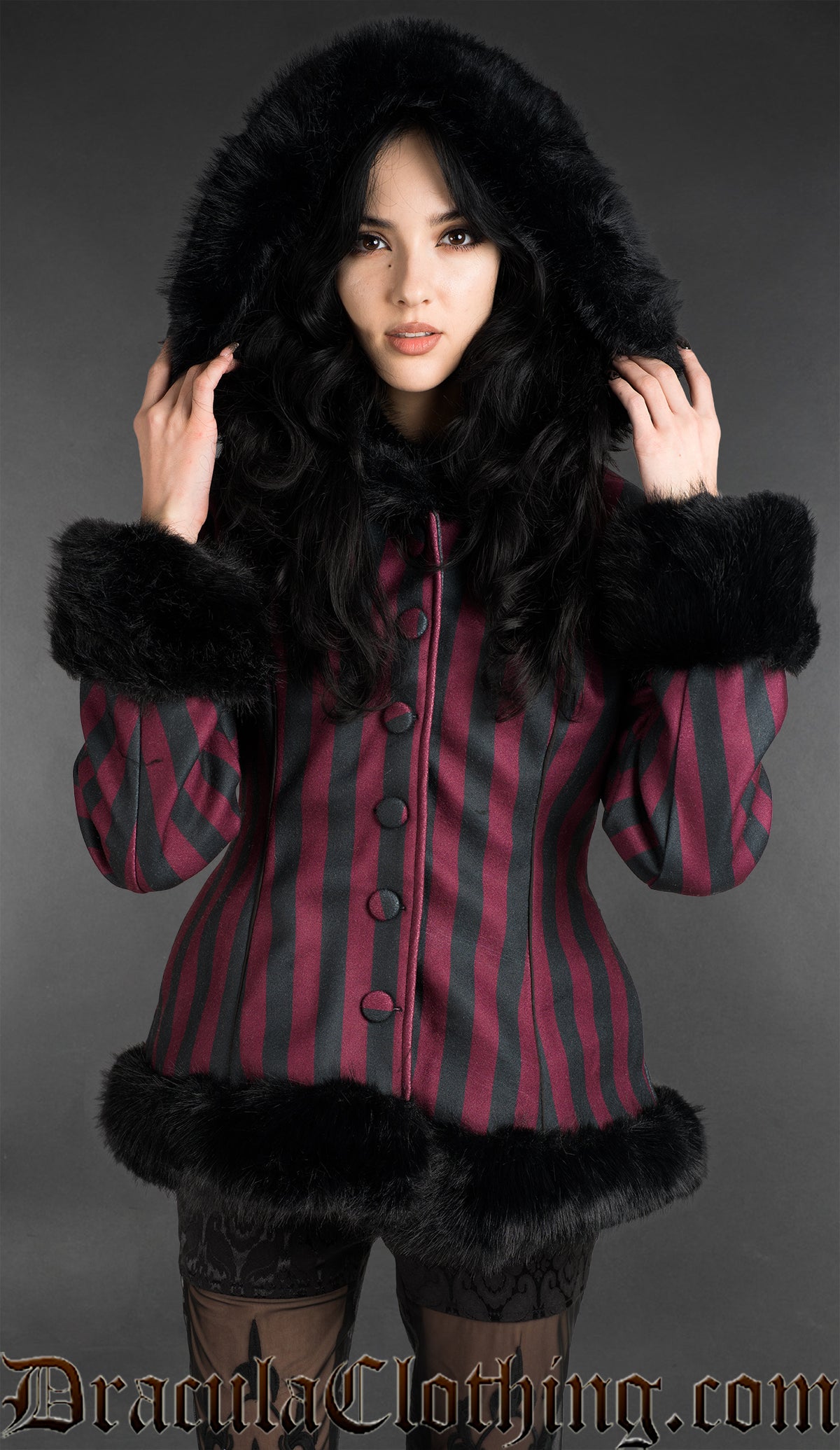 Bordeaux Striped Winter Jacket With Hood