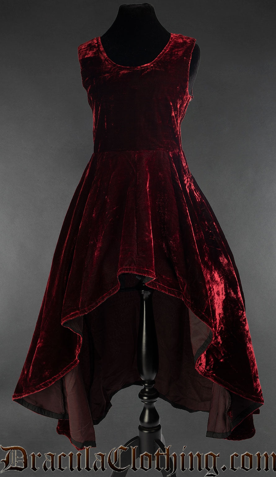 Red velvet women's dress in a high low style