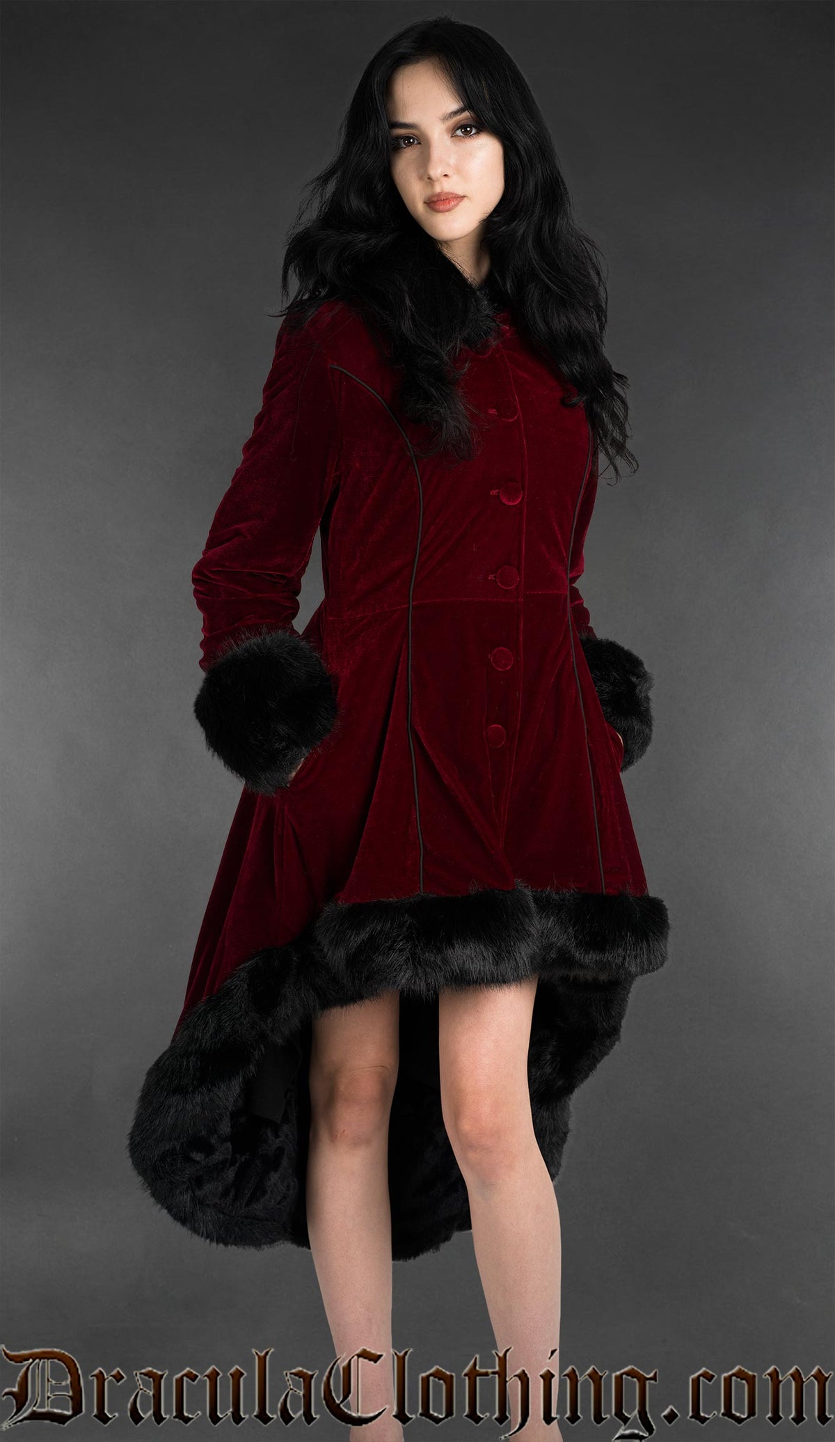 Bordeaux Velvet High Low Winter Coat