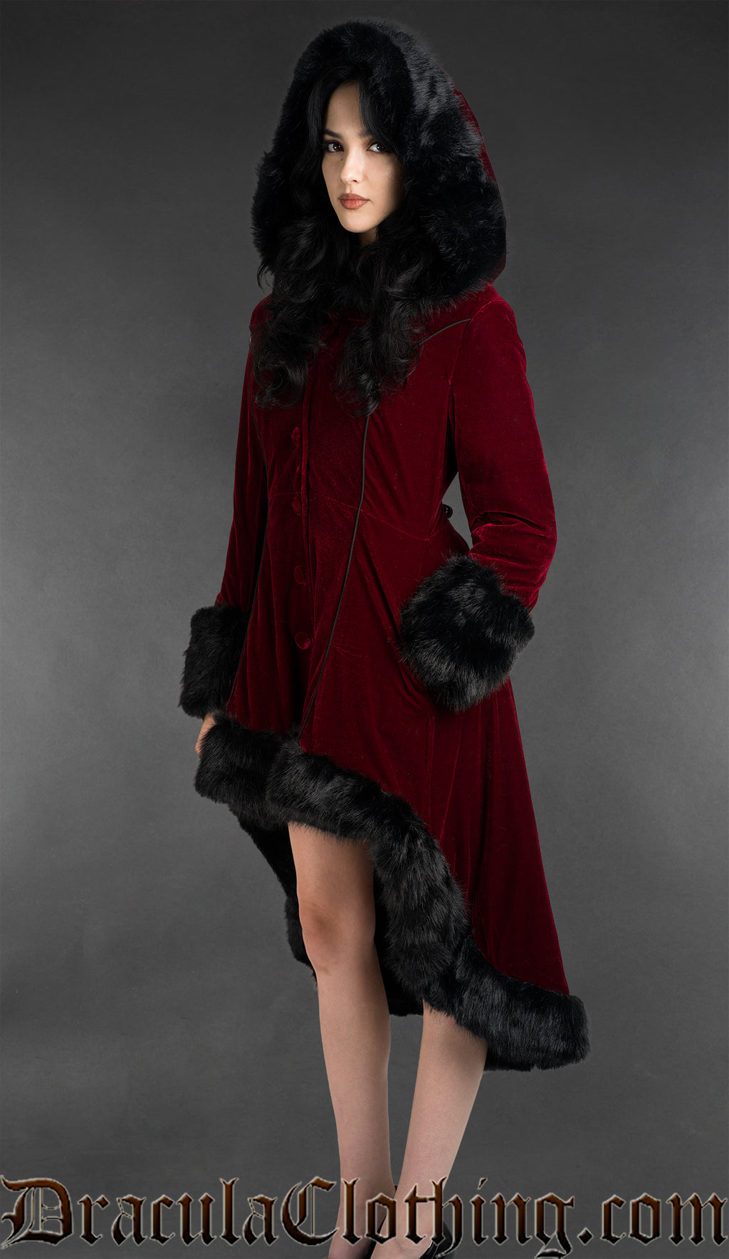 Bordeaux Velvet High Low Fall Coat With Hood