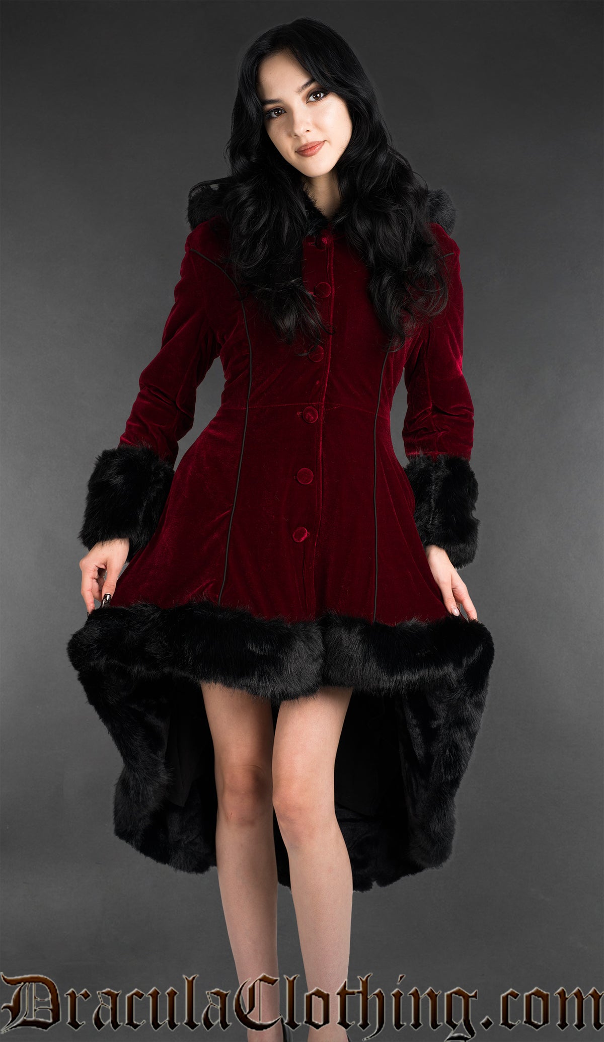Bordeaux Velvet High Low Winter Coat With Hood