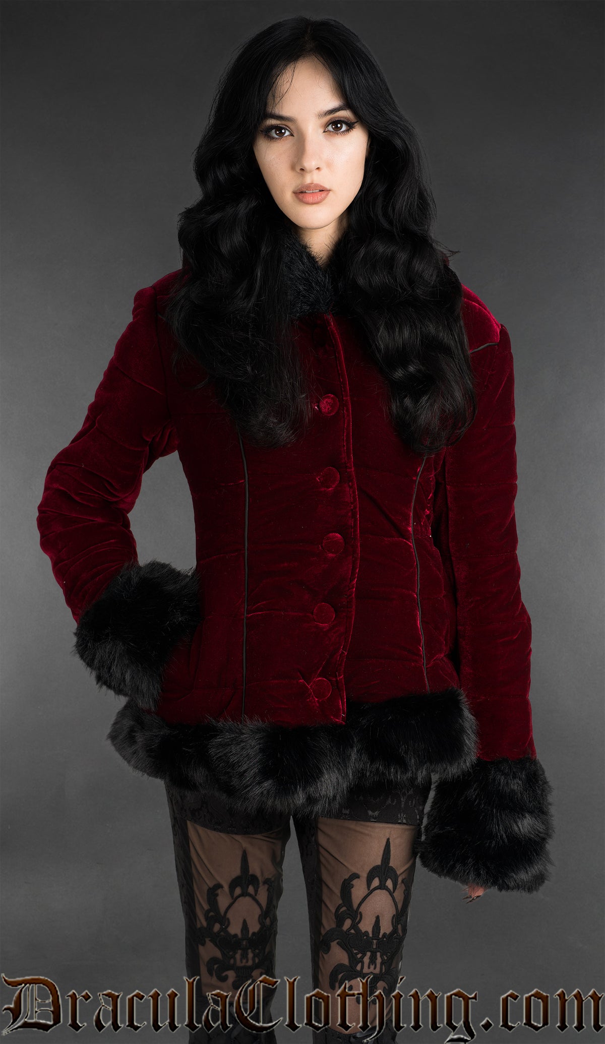 Bordeaux Velvet Puffer Winter Jacket With Hood
