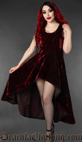 Women's sleeveless bordeaux red high low dress made from rich velvet
