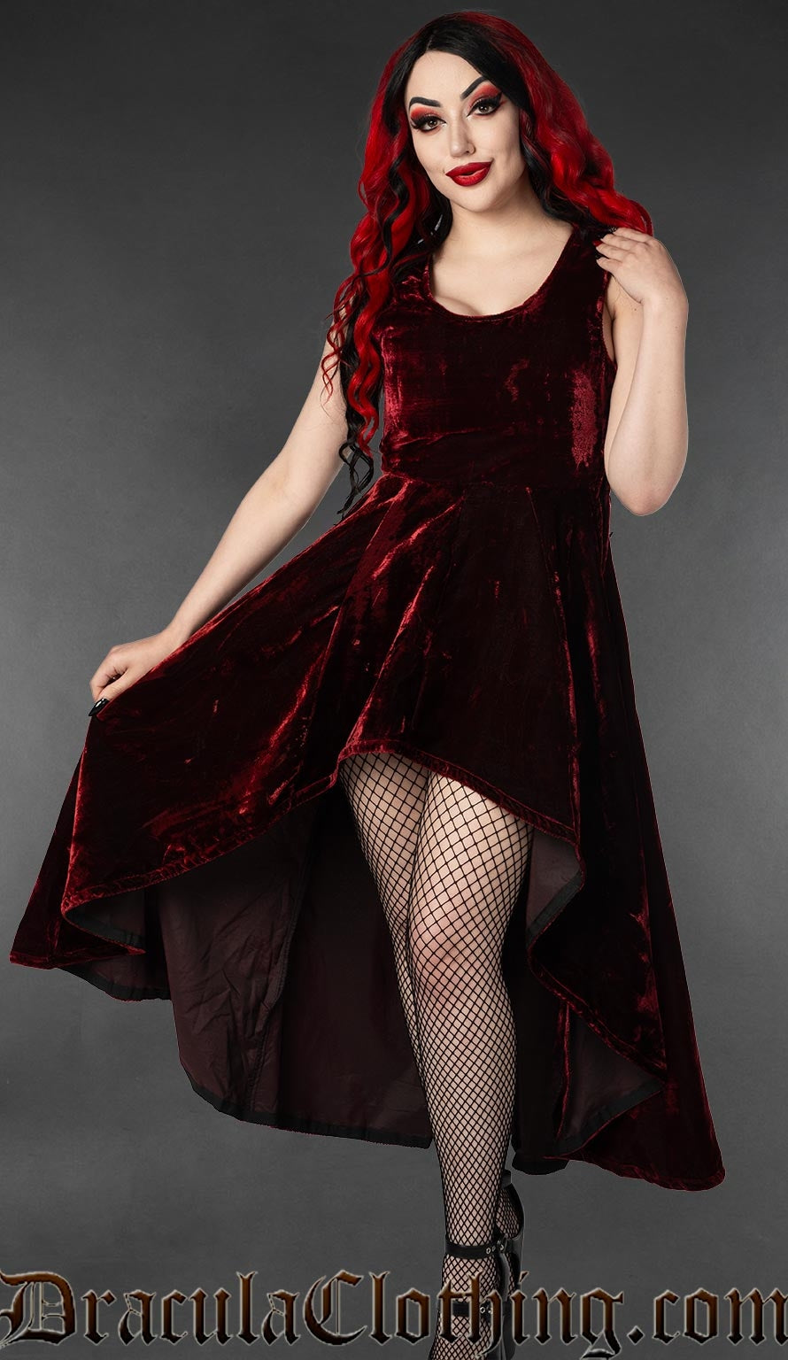 Women's sleeveless bordeaux red high low dress made from rich velvet