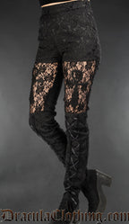 High waisted women's pants made from black brocade and sheer lace in the thigh with an ankh motif and lacing down the front of the leg