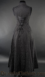 Back view of black brocade choker dress showing back lacing