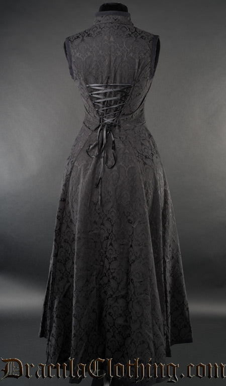 Back view of black brocade choker dress showing back lacing