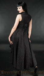 Back view of women's black brocade choker dress showing adjustable corset style lacing in the back of the torso