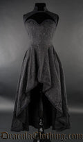Women's black high low dress with queen anne neckline and high neck collar made with woven cotton brocade fabric