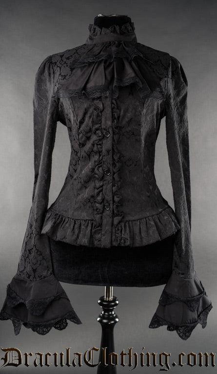 Long sleeved women's black brocade blouse with detachable cravat