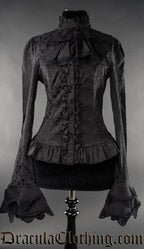 Long sleeved women's black brocade blouse with detachable cravat