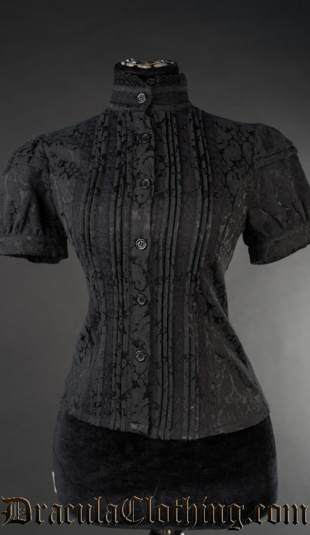Black brocade and lace women's shirt with short puffed sleeves and high neck collar