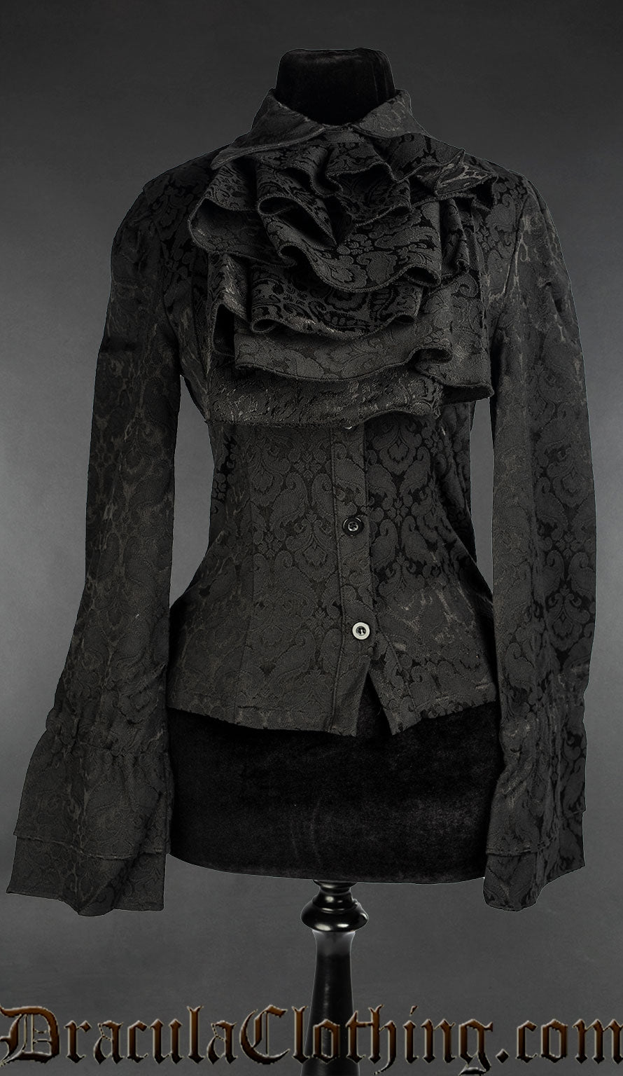 Women's black cotton brocade blouse with long flared sleeves and removable cravat