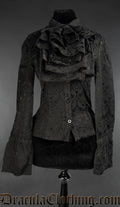 Women's black cotton brocade blouse with long flared sleeves and removable cravat