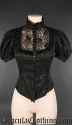 Women's high collar brocade blouse with short sleeves and sheer lace bodice panel