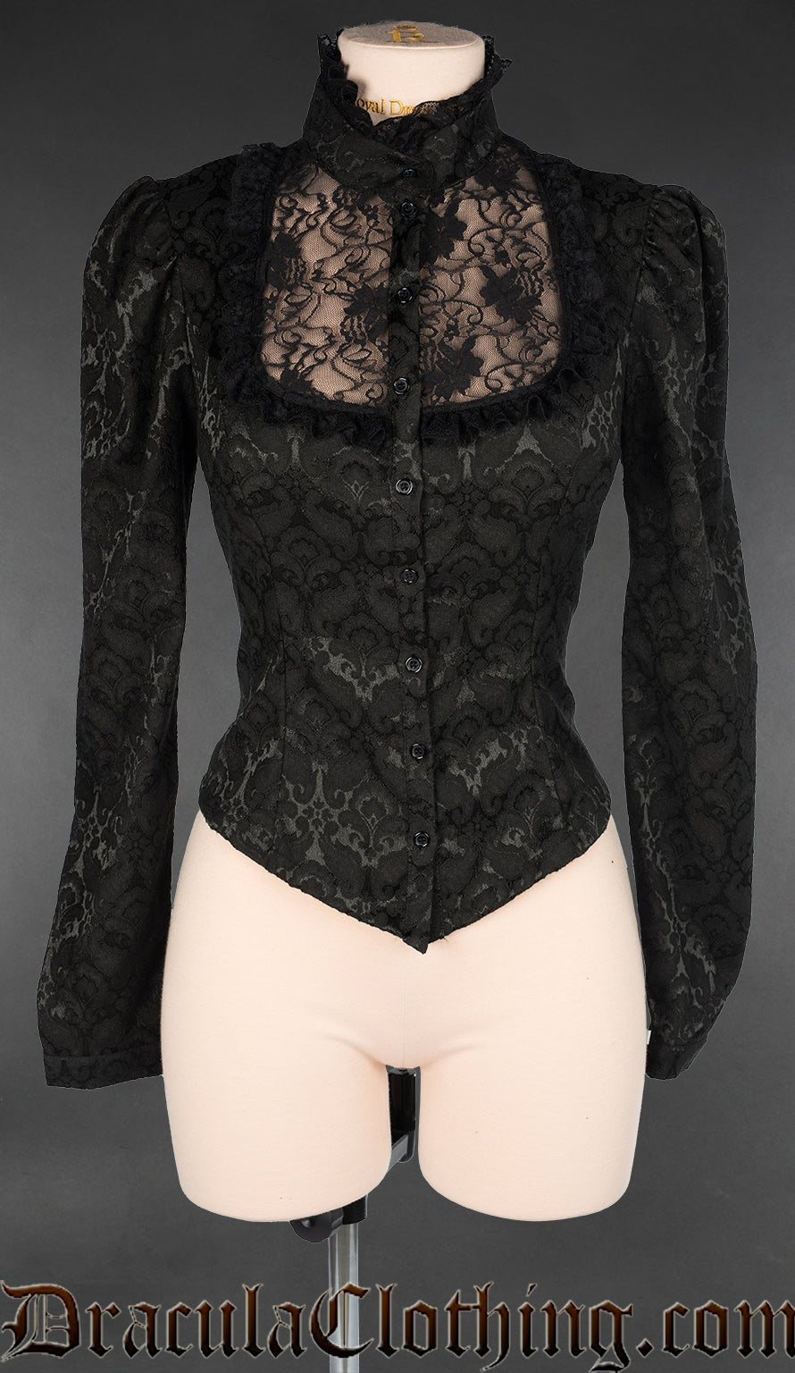 Women's black brocade long sleeve blouse with lace illusion panel and high neck collar
