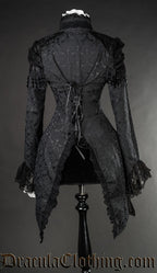 Back of women's tailcoat in black brocade fabric showing split tailcoat design and adjustable lacing in the torso
