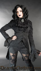 Model wearing black brocade openbust tailcoat with flared lace cuffs and beaded shoulder details over a blouse and cravat