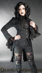 Model wearing women's black brocade tailcoat over black blouse and pants