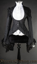 Women's openbust tailcoat made with black brocade fabric lace and beading detailing