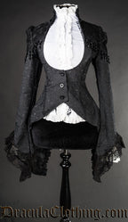 Women's openbust tailcoat made with black brocade fabric lace and beading detailing
