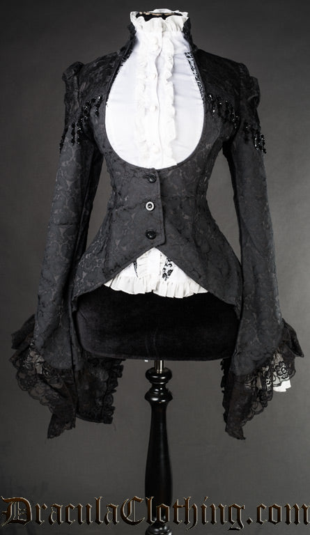 Women's openbust tailcoat made with black brocade fabric lace and beading detailing