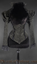 Women's openbust jacket in black brocade fabric with a high collar puffed sleeve shoulders and lace details