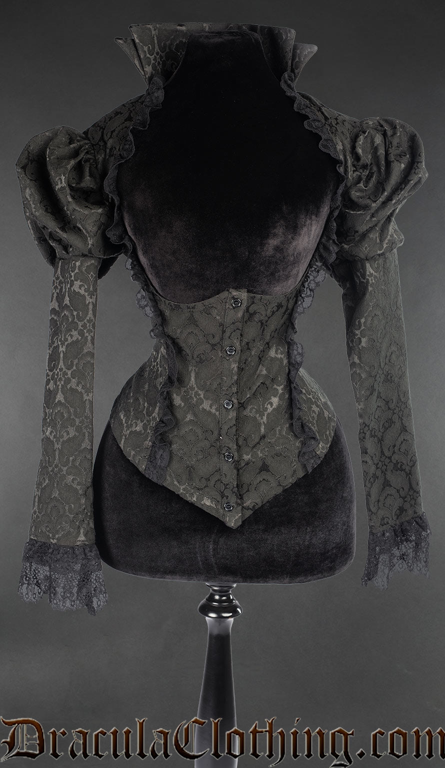 Women's openbust jacket in black brocade fabric with a high collar puffed sleeve shoulders and lace details