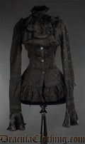 Women's long sleeved blouse made from black brocade fabric with detachable cravat 