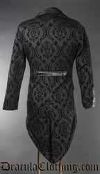 Back of men's black brocade tailcoat with faux leather accents